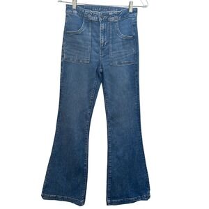 American Eagle Super Hi-Rise Flare Jeans Womens 4 Blue Patch Pocket Boho Rodeo